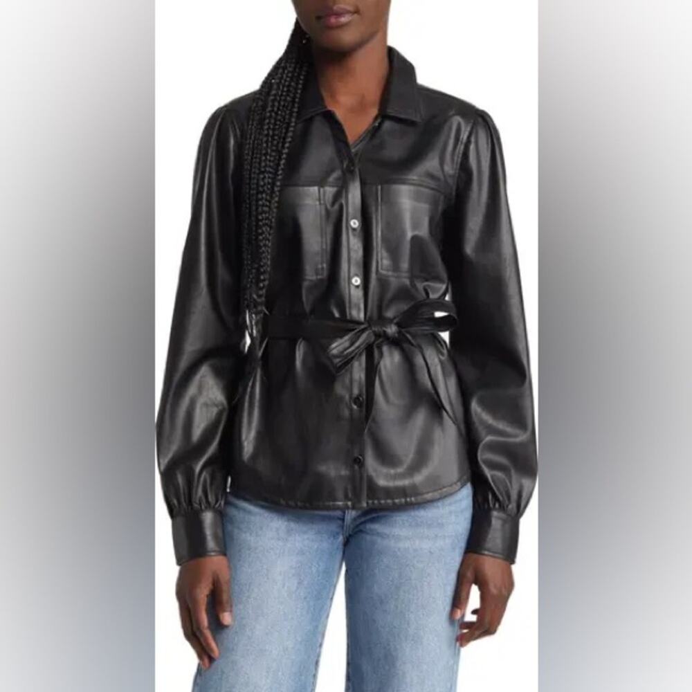 Paige Black Belted Faux Leather Belize Shacket - Large, NWOT